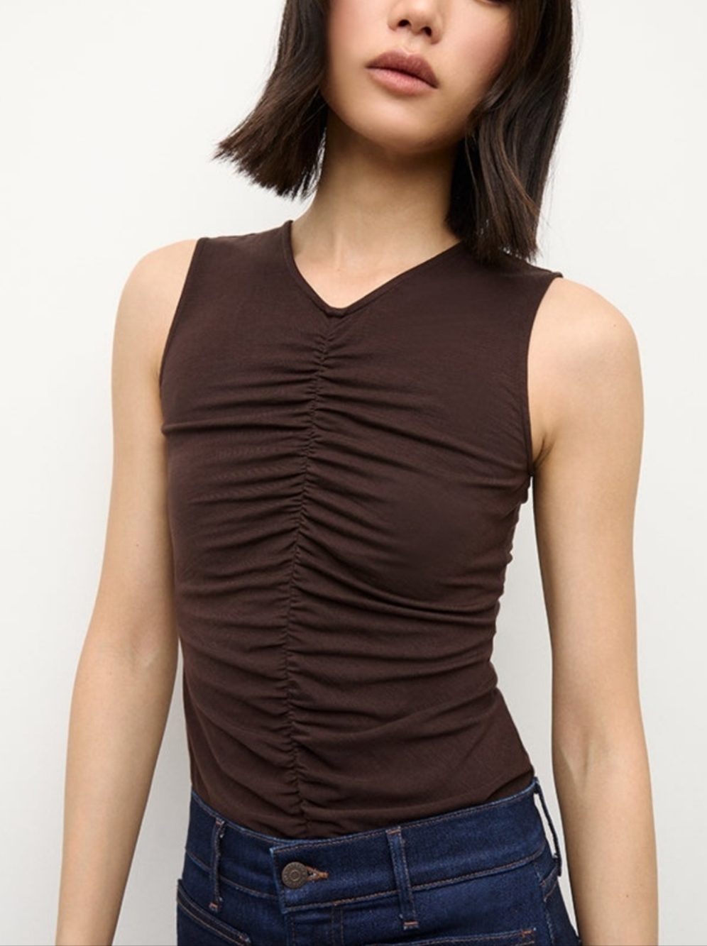 Veronica Beard Neeta Brown Rouched Sleeveless  Top